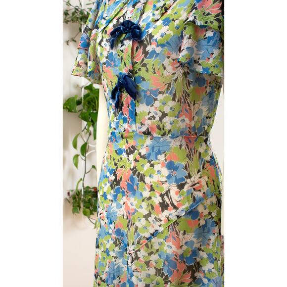 Vintage 1930s Tea Dress 30s Floral Cotton Voile Maxi Art Deco Summer Lawn Dress - Picture 11 of 12